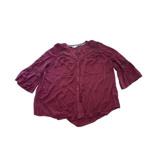 Westport Women's XL Bell Sleeve Button Down Crochet‎ Trim Top Blouse